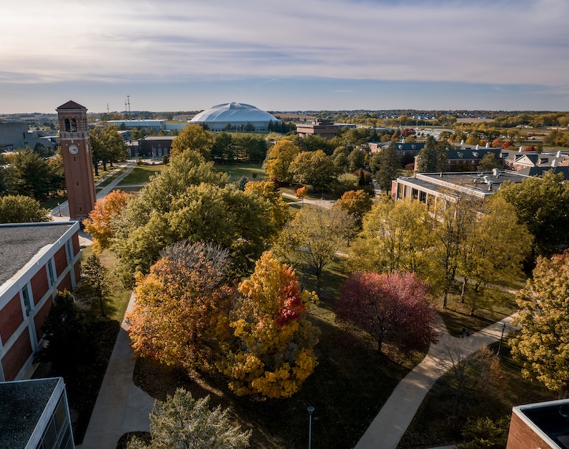 Aerial view of campus in the fall